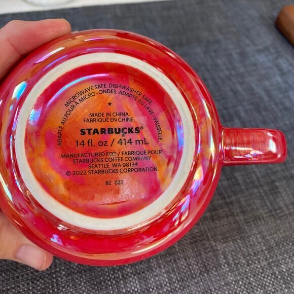 Starbucks Pearly Red 14 Oz. Coffee Mug Pink Interior with Logo Perfect Condition - Picture 3 of 5